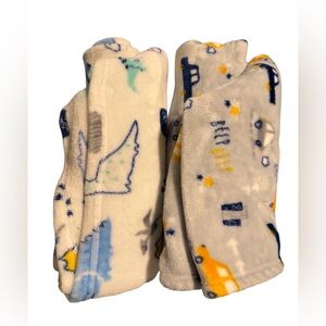 Dinosaur and Car Print Baby Blanket Set of 2- Gray and White